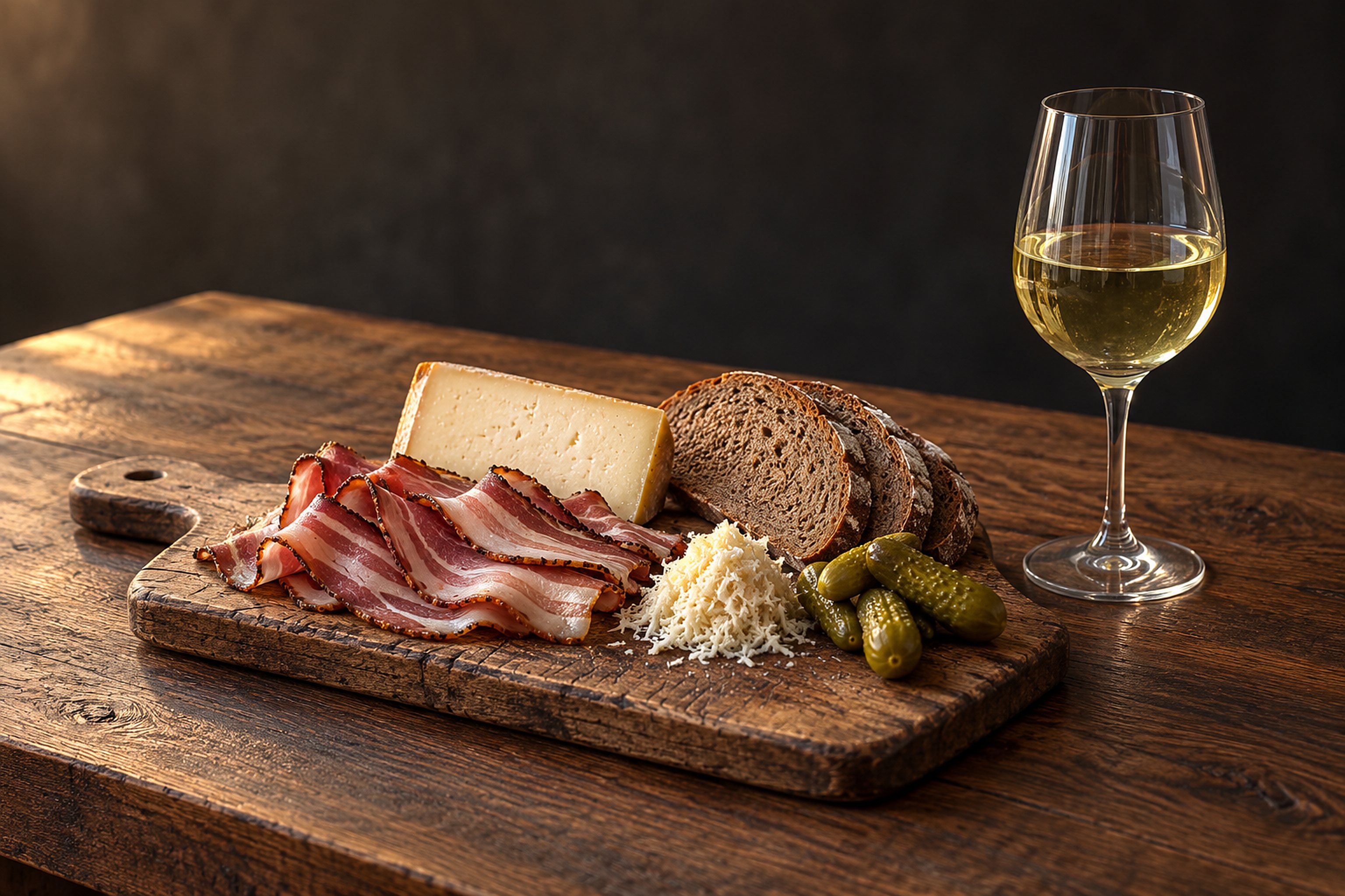 Brettljause mit Speck, Bergkäse, Schwarzbrot, Kren und Essiggurken, daneben ein Glas Weißwein