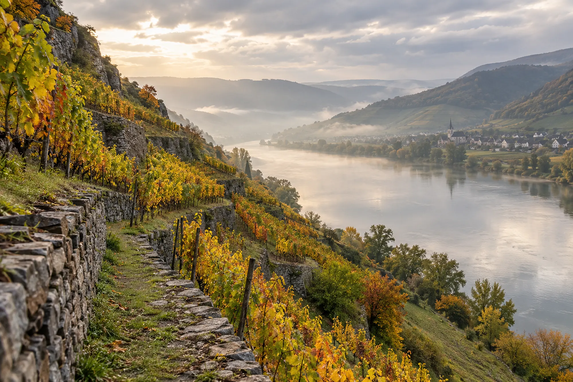 Steile Weinterrassen über einem Fluss im Herbst